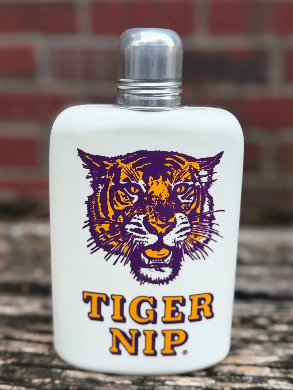Vintage LSU Tigers “Tiger Nip” White Plastic Flask Purple Gold Tiger Graphic P6